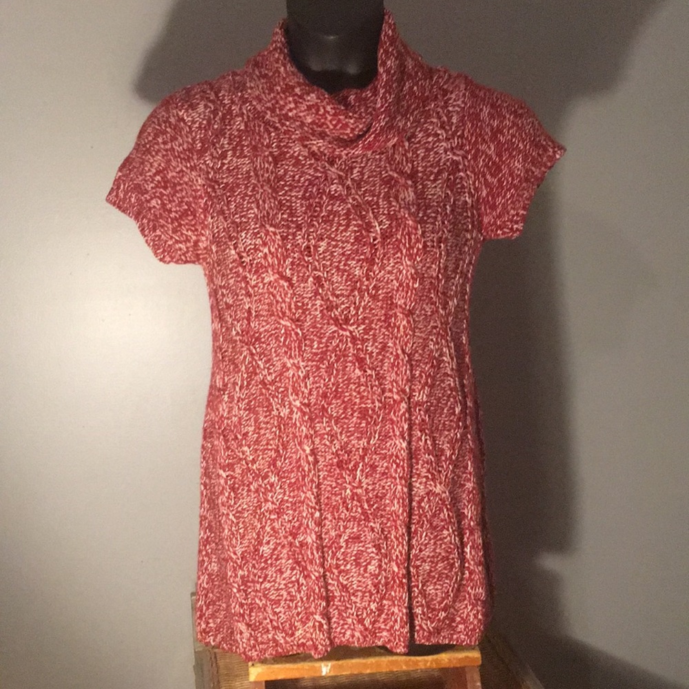 Red and white tunic style cowl neck sweater